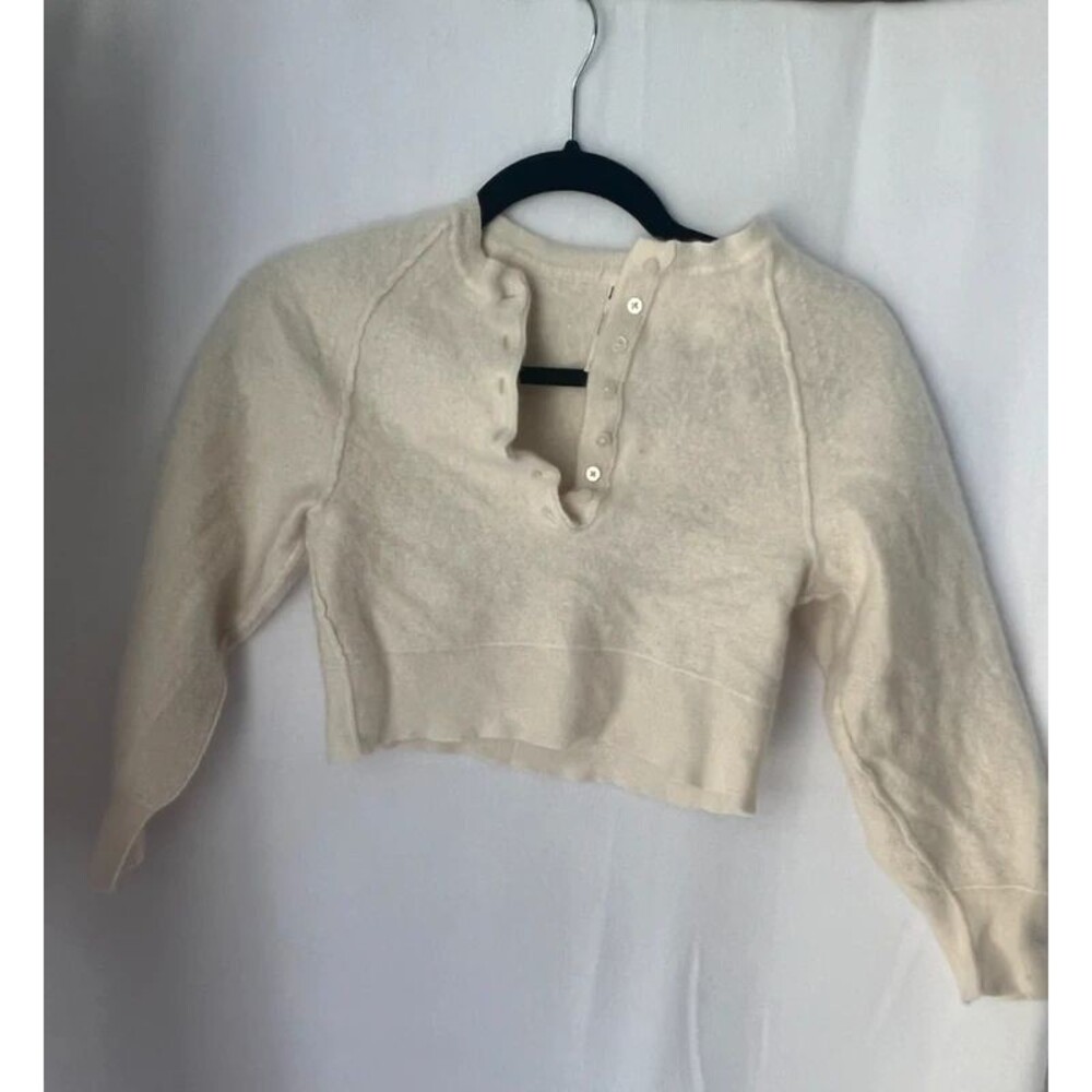 Free People 100% Cashmere Cream Cropped Sweater Button Henley Neckline Size M